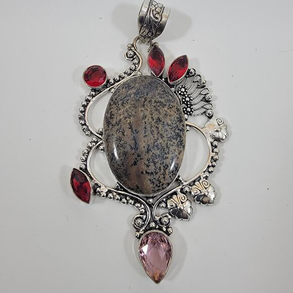 Handmade Silver Pendant with Dendritic Jasper and Red Garnet Accents - Picture 10 of 10